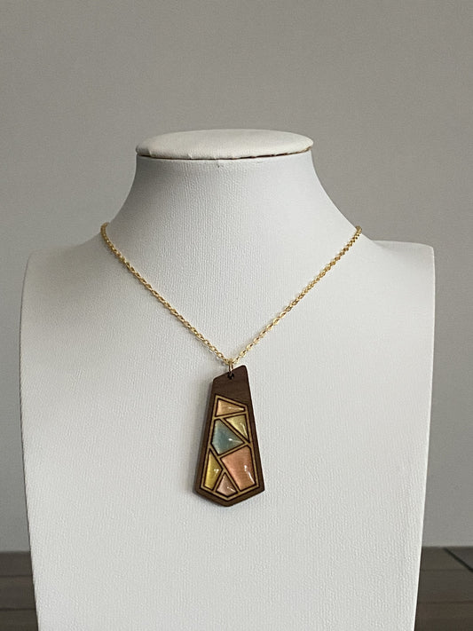 Handmade Brass and Wood Necklace with Hand-Painted Resin, 16K Gold Chain