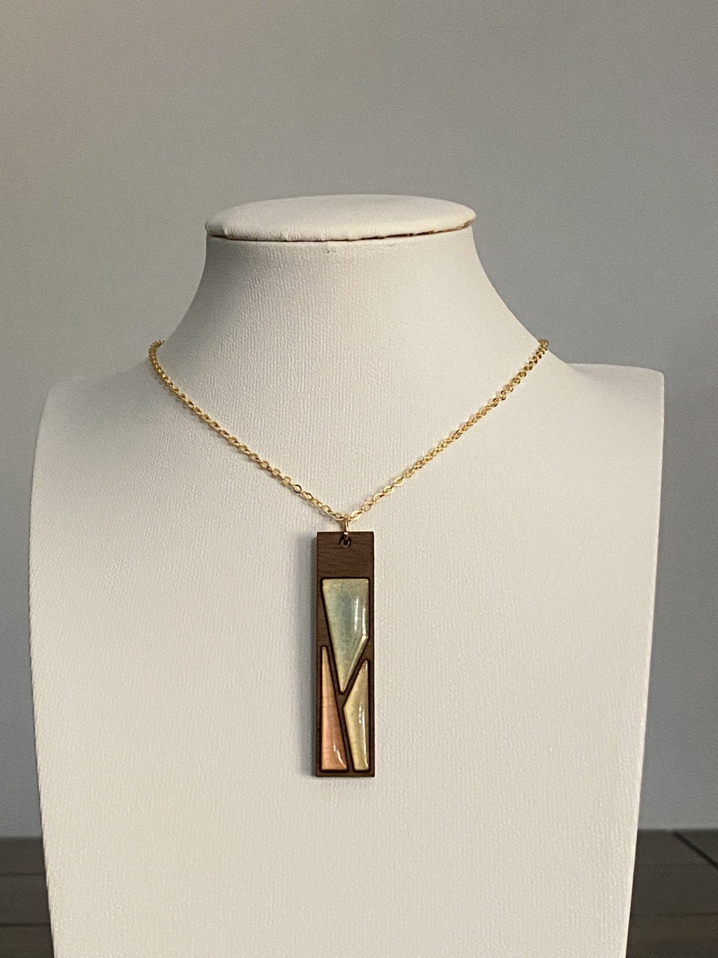 Handmade Brass and Wood Necklace with Hand-Painted Resin, 16K Gold Chain