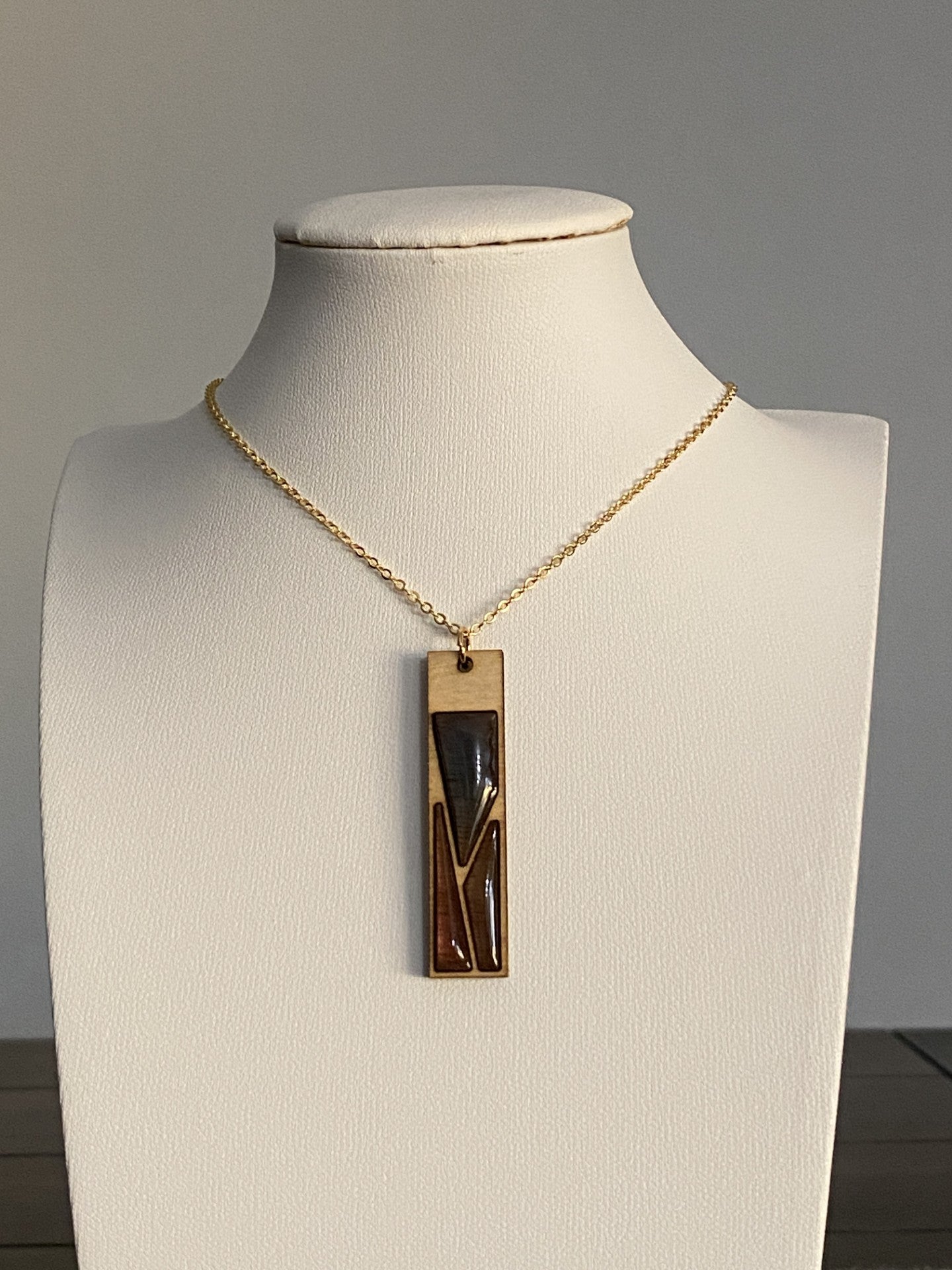 Handmade Brass and Wood Necklace with Hand-Painted Resin, 16K Gold Chain