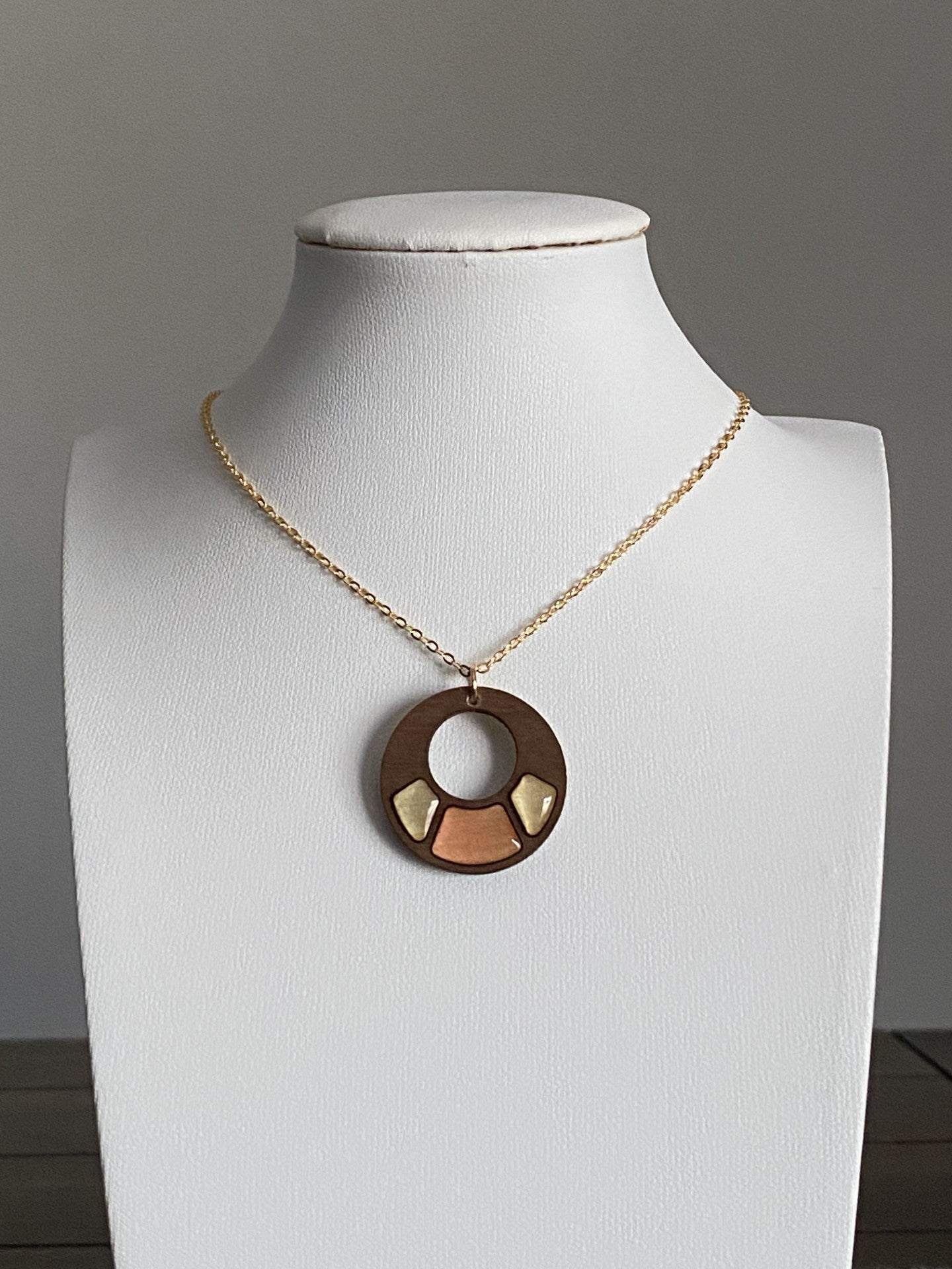 Handmade Brass and Wood Necklace with Hand-Painted Resin, 16K Gold Chain