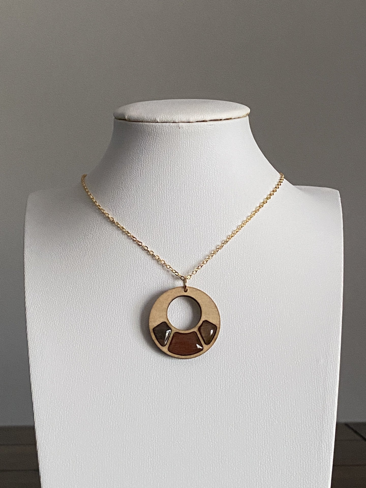 Handmade Brass and Wood Necklace with Hand-Painted Resin, 16K Gold Chain