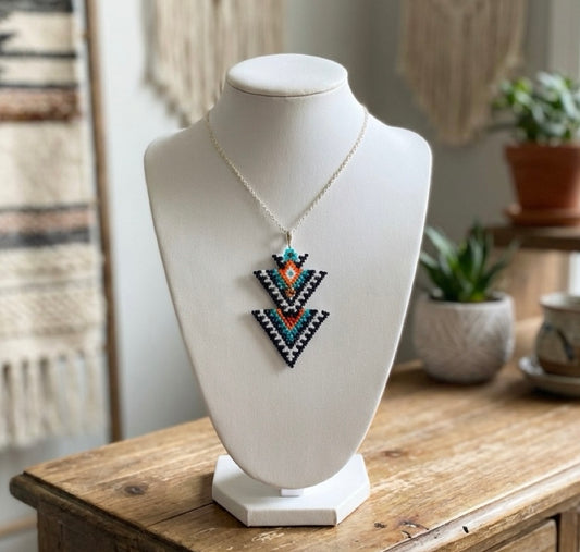 Indian-Inspired Miyuki Bead Necklace and Earrings Set – Sterling Silver Chain & Hooks – Handmade Statement Jewelry