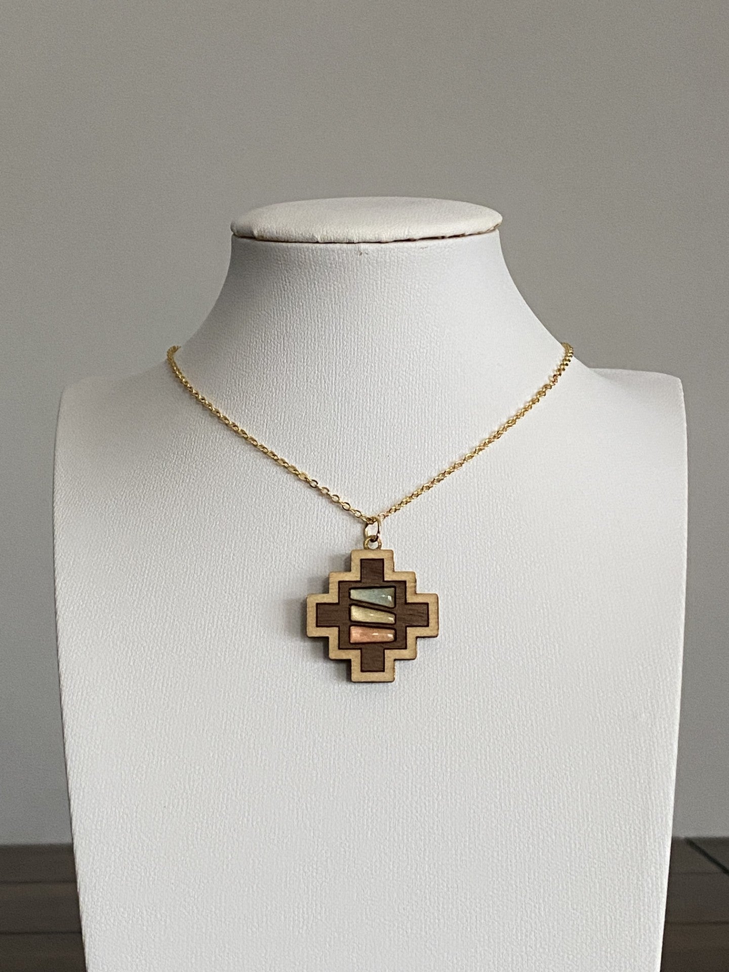 Handcrafted Brass & Wood Necklace with Colorful Resin and 16K Gold Chain