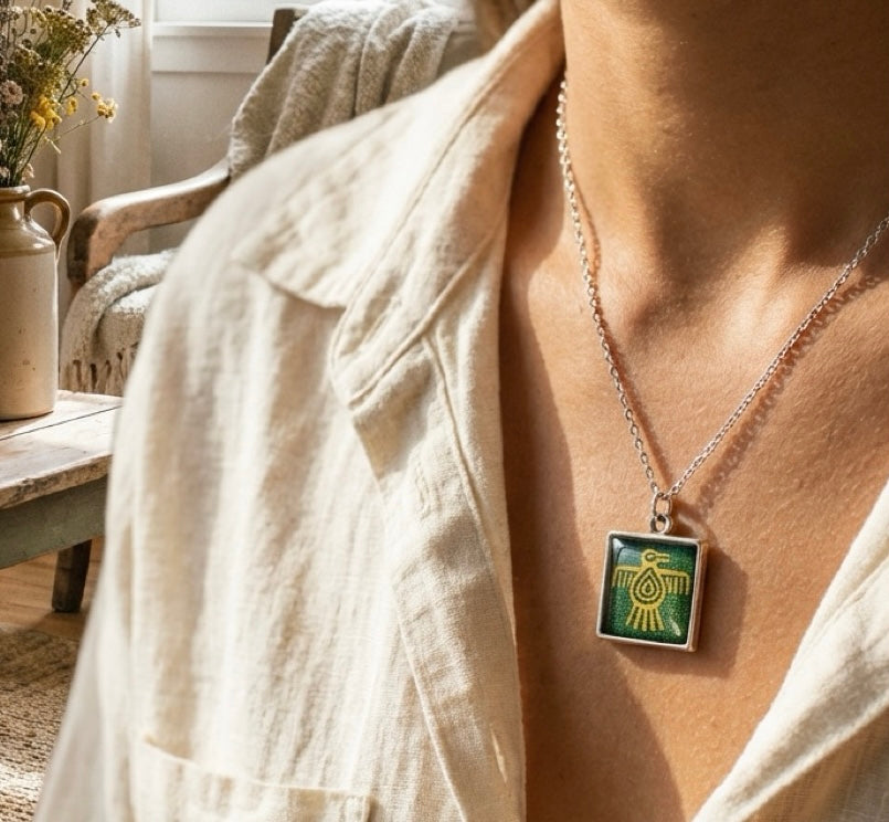 Inca-Inspired Textile Art Resin Necklace – Handmade Alloy Bezel Pendant – 18” Rhodium Chain