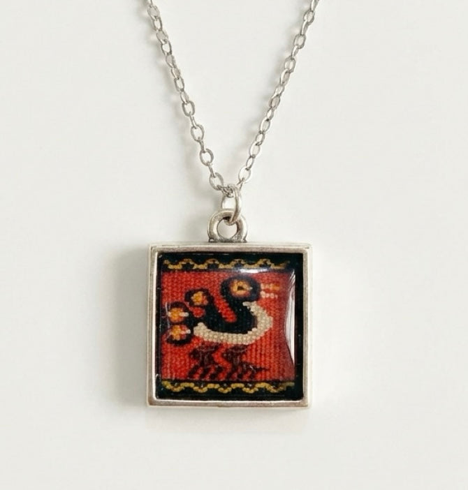 Inca-Inspired Textile Art Resin Necklace – Handmade Alloy Bezel Pendant – 18” Rhodium Chain