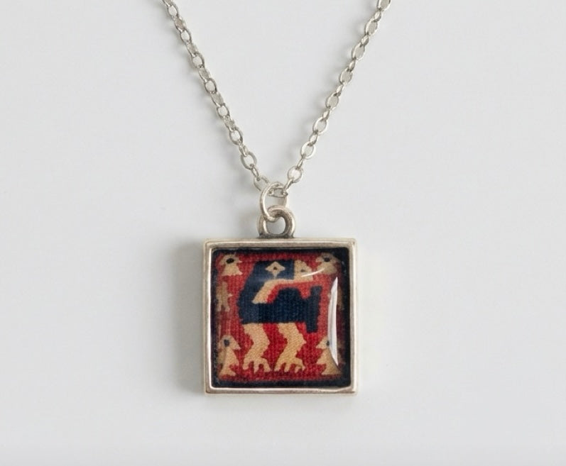 Inca-Inspired Textile Art Resin Necklace – Handmade Alloy Bezel Pendant – 18” Rhodium Chain