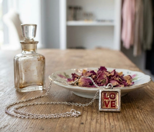 Love Resin Pendant Necklace – Alloy Bezel – 18” Adjustable Rhodium Chain