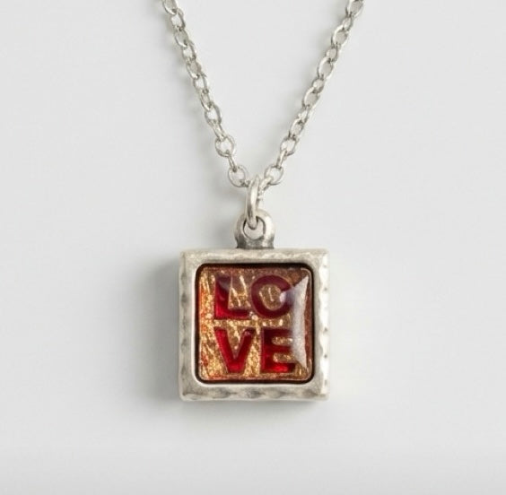Love Resin Pendant Necklace – Alloy Bezel – 18” Adjustable Rhodium Chain