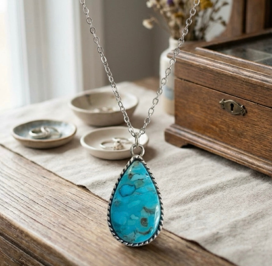 Teardrop Natural Stone Pendant Necklace – Wild Horse or Arizona Turquoise – 18” Rhodium Chain