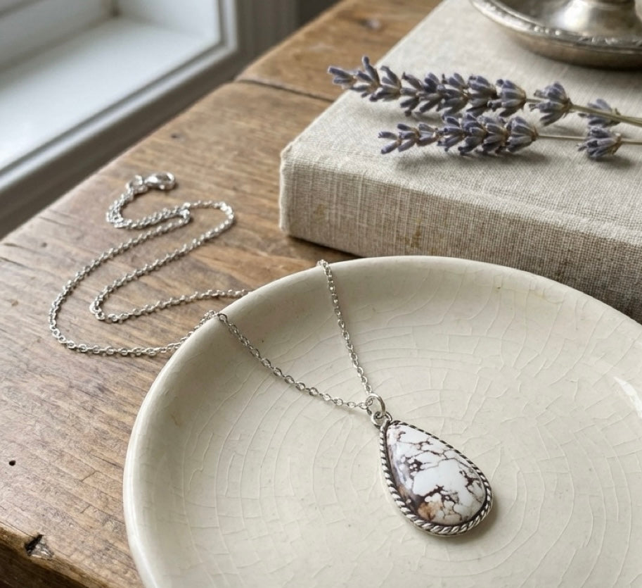 Teardrop Natural Stone Pendant Necklace – Wild Horse or Arizona Turquoise – 18” Rhodium Chain
