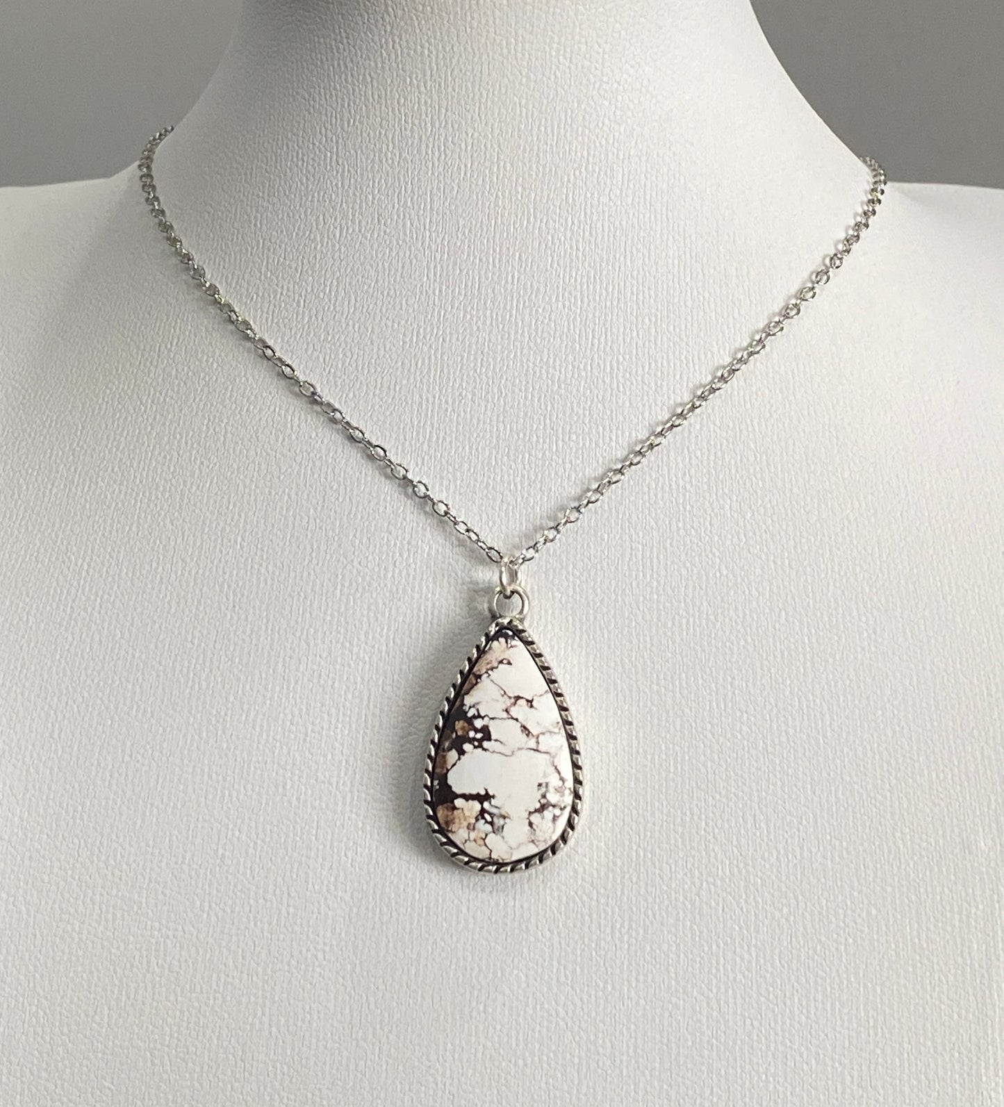Teardrop Natural Stone Pendant Necklace – Wild Horse or Arizona Turquoise – 18” Rhodium Chain