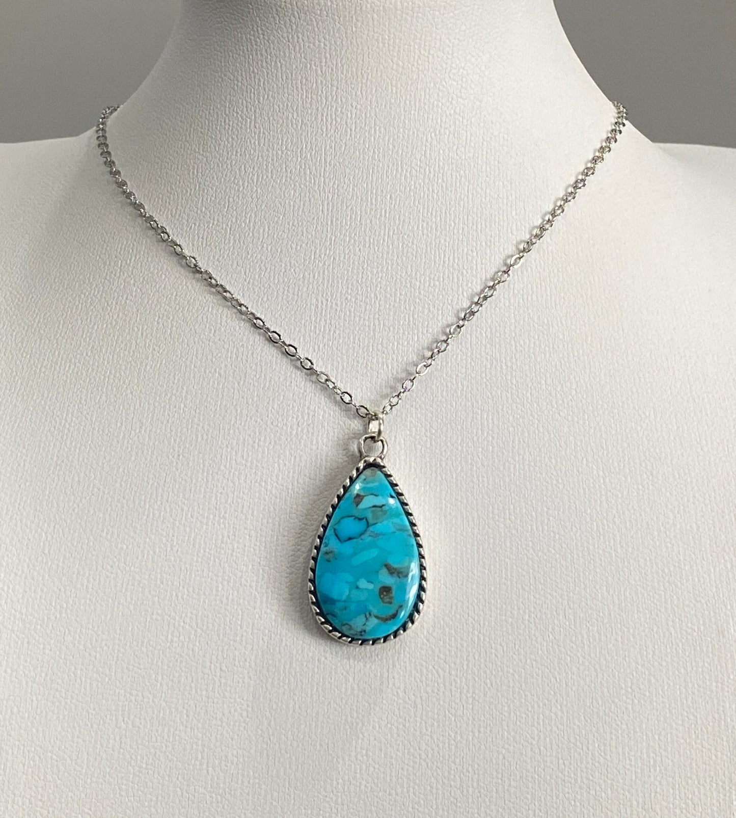 Teardrop Natural Stone Pendant Necklace – Wild Horse or Arizona Turquoise – 18” Rhodium Chain