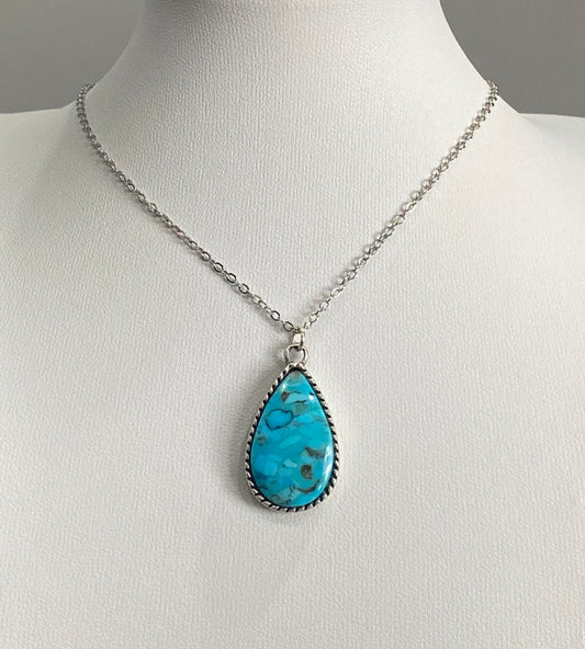 Teardrop Natural Stone Pendant Necklace – Wild Horse or Arizona Turquoise – 18” Rhodium Chain