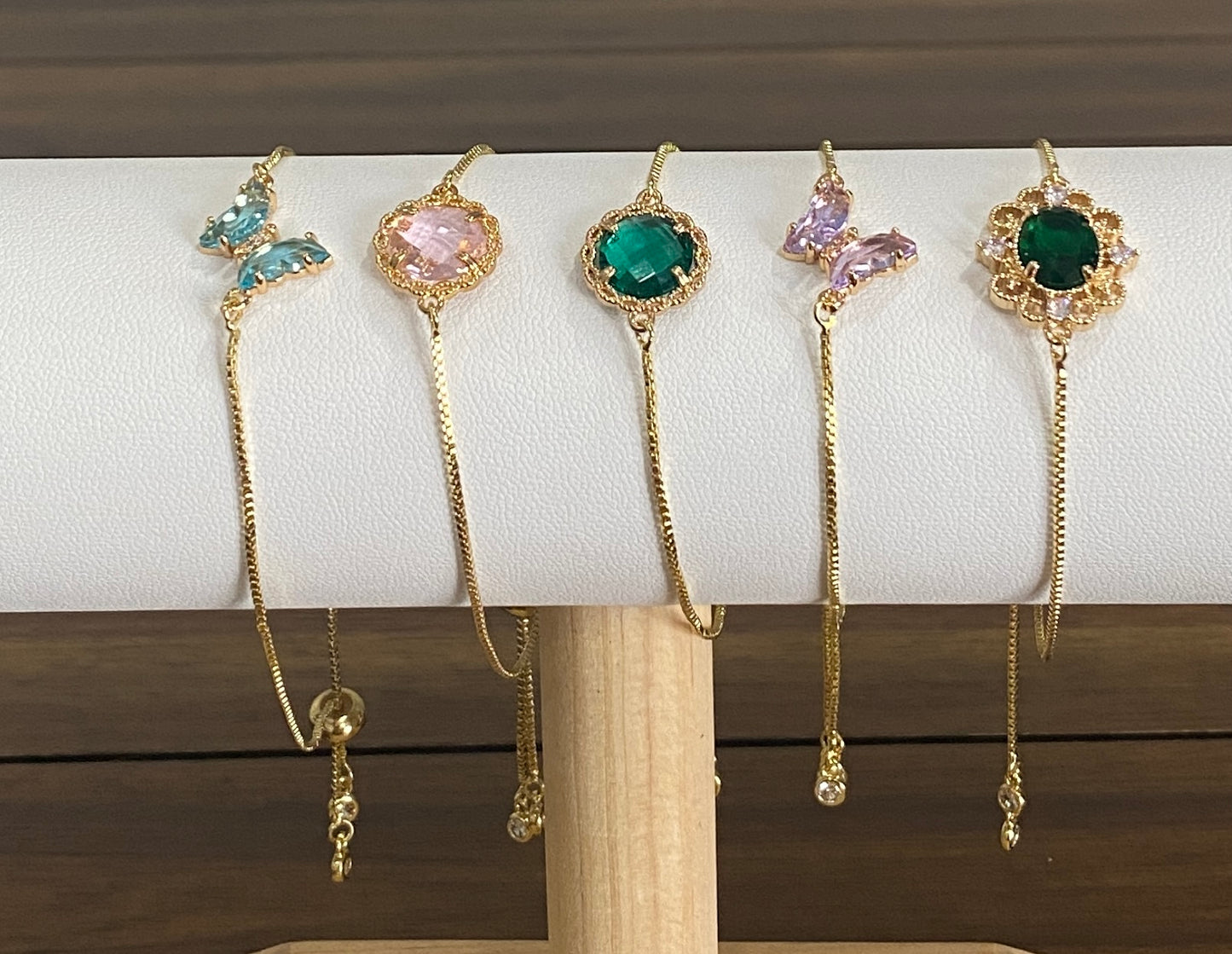 Gold Plated Adjustable Charm Bracelet – Glass & Butterfly Designs (5 Styles Available)