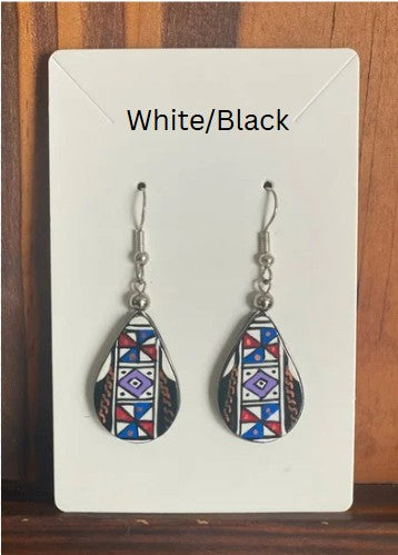 Hand painted wooden tear drop shaped dangle earrings. Authentic hand painted Inka symbols dangle earrings. Sterling Silver Hooks Available.