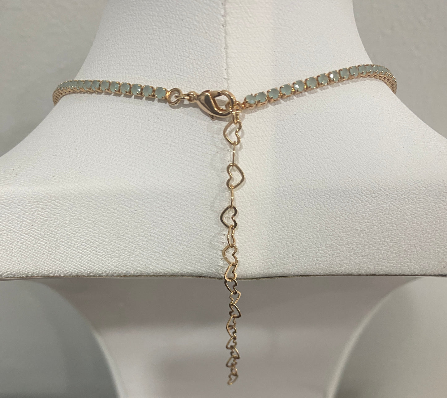 Sea Green Tennis Chain Choker – Gold-Plated with 7 Coats of 18K Gold, Heart-Link Extension (13.5" + 3")