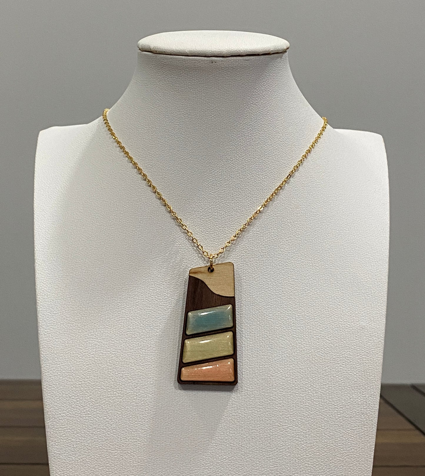 Artisan Brass and Laser Cut Wood Resin Necklace with 16K Gold