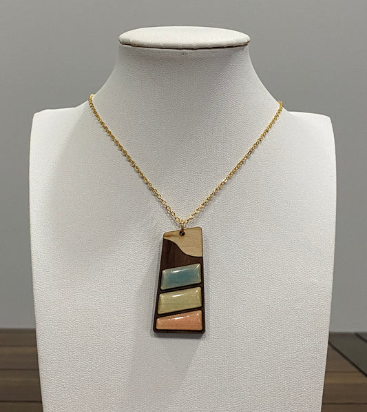 Artisan Brass and Laser Cut Wood Resin Necklace with 16K Gold
