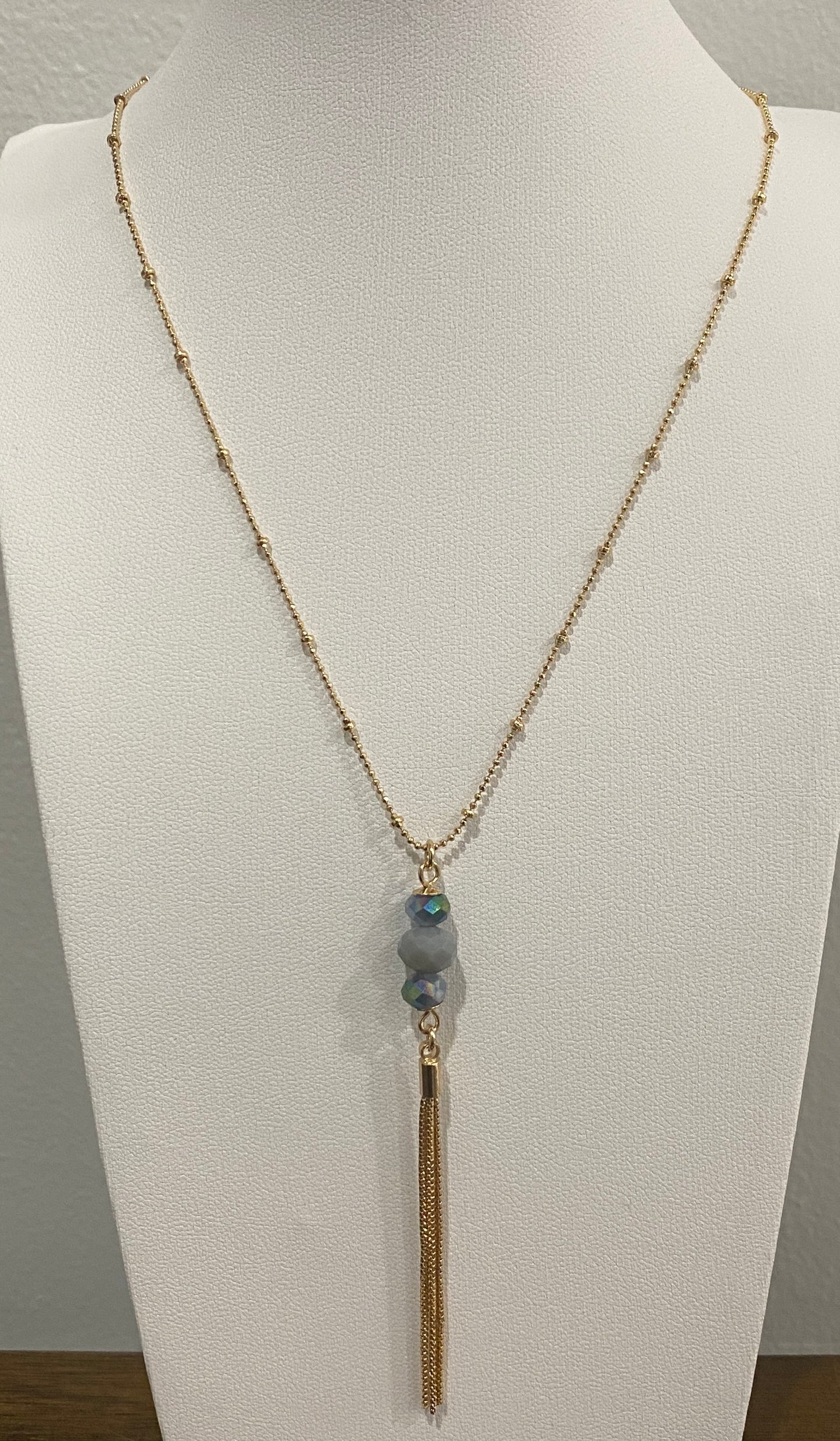 Layered Crystal Pendant Necklace – 18K Gold-Plated Beaded Chain with Box Chain Tassel (27" + 1")