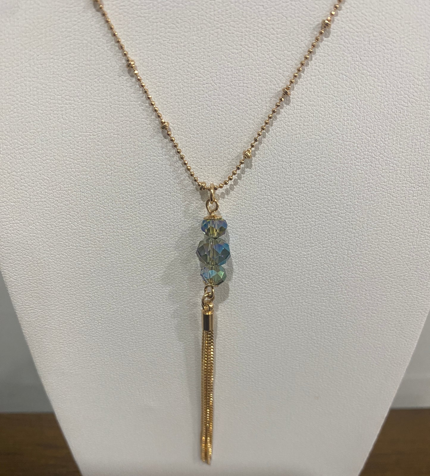 Layered Crystal Pendant Necklace – 18K Gold-Plated Beaded Chain with Box Chain Tassel (27" + 1")