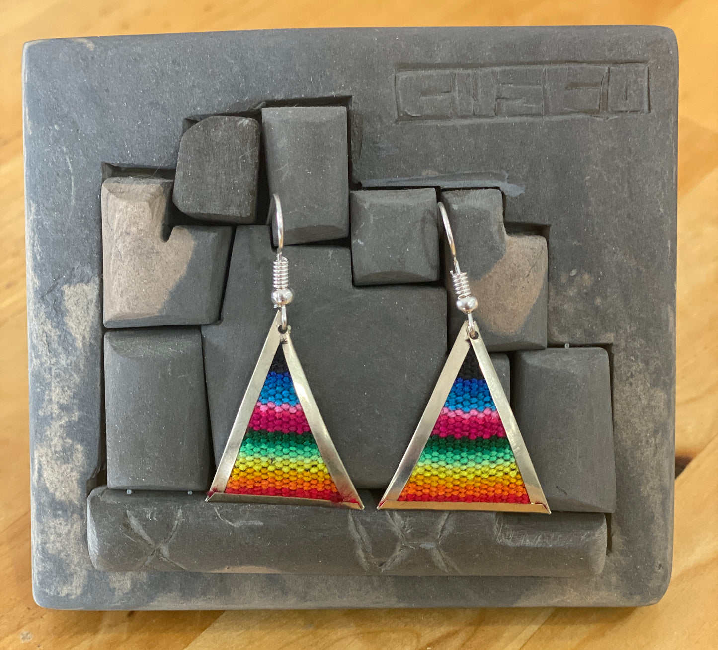 Colorful Handwoven Inka Fabric Earrings – Alpaca Silver Dangle Earrings from Cusco. Sterling Silver Hooks Available